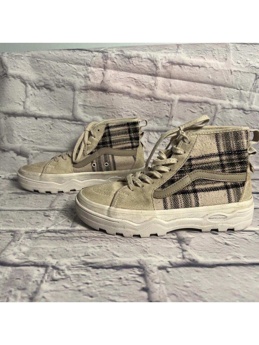 VANS Sneakers Shoes High Top Plaid Youth Cream Gray Suede Upper Big Kid Size 5